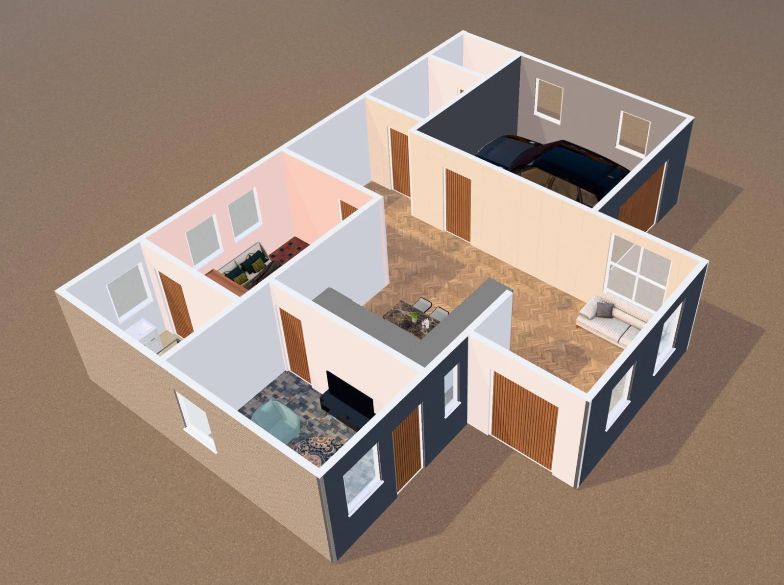 A 3D floor plan in Ritn3D with dark exterior walls, a pink bedroom wall and a herringbone wood floor