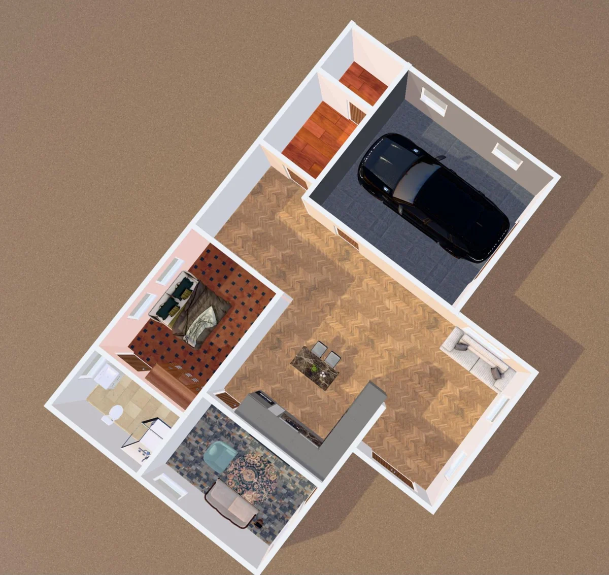 Ritn3D floor plan from above with a different floor in each room: herringbone wood, terracotta tile, wood plank and stone